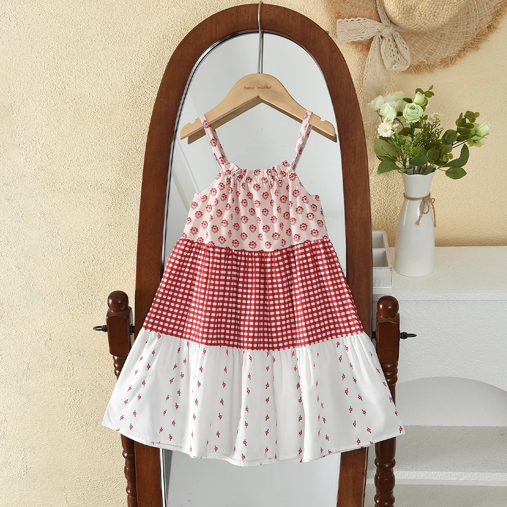 2026 Girls Clothing Korean Version Sweet and Cute Suspender Printed Checkered Patchwork Dress New Summer Kids Clothes