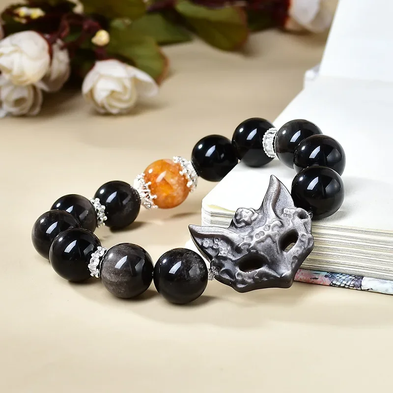 

Natural Silver Obsidian Obsidian Fox Bracelet Couple Light Luxury Fashion Lucky Bracelet Girls Gift Niche Design
