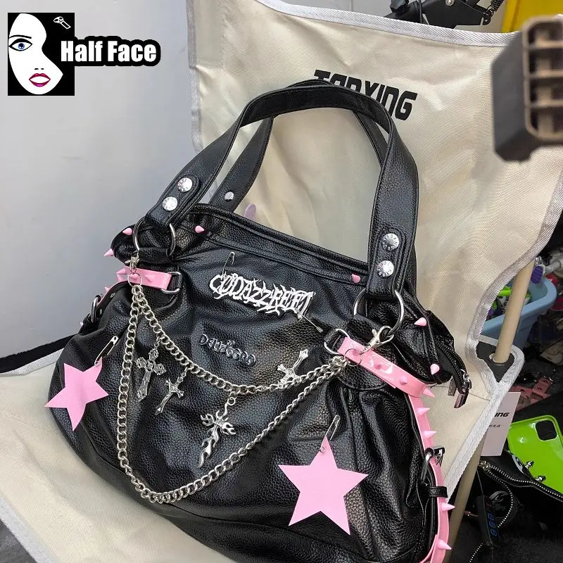 Y2K Girls Harajuku Gothic Underarm Handbag Rivet High Capacity Bag Street Lolita Star Chain One Shoulder Punk Women’s Bags Tote