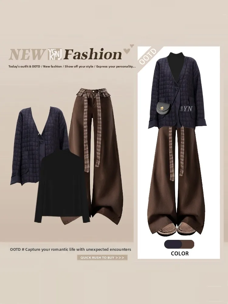 Set coordinato dimagrante Faion da donna in cotone Jaet e pantaloni scozzesi con motivo a rombi retrò di fascia alta