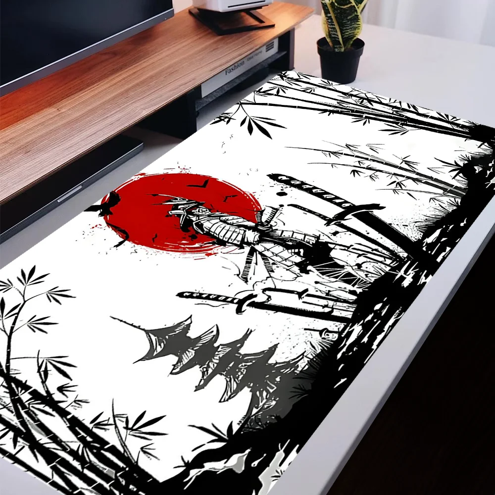 Large Mouse Pad Japanese Warriors Desk Pad Art Design Aesthetic Deskpad With Non-Slip Rubber Base Stitched Edge Deskpad for Work