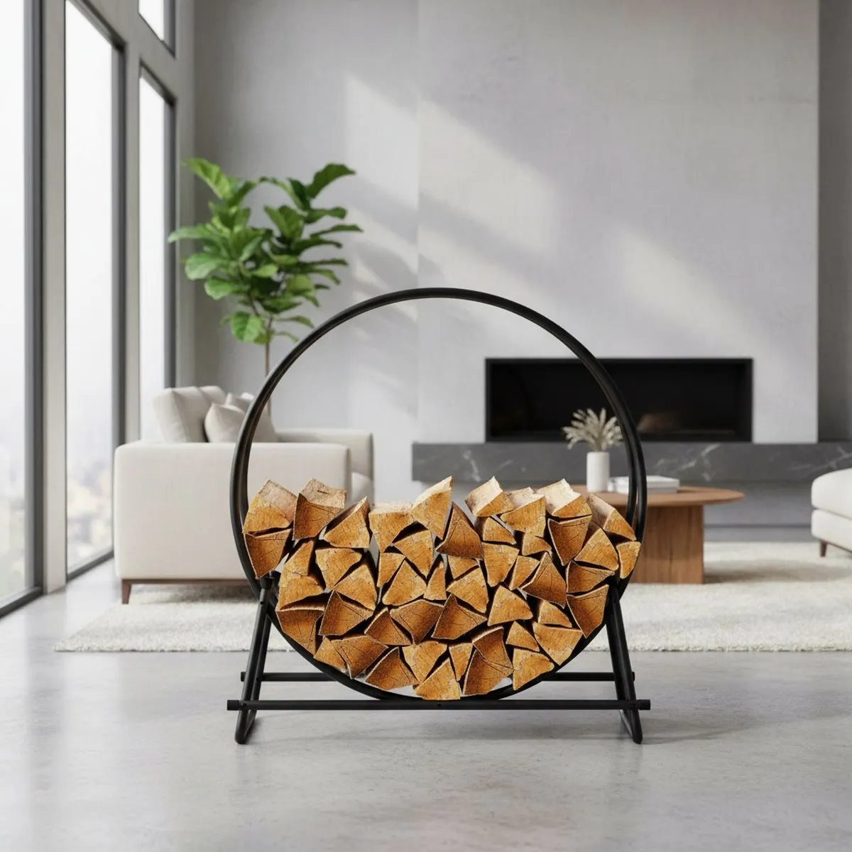 41in Firewood Rack Steel Black Outdoor Log Holder 400lbs Capacity Rust Resistant Wood Storage Stand