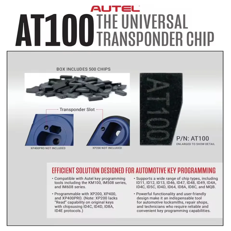 Autel AT100 Transponder Chip Used With XP200, XP400, XP400PRO Compatible With Autel Key Programming Tools KM100 IM508S IM608S