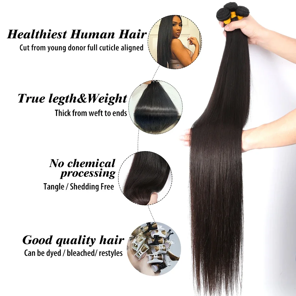 Pacotes de cabelo humano reto do osso brasileiro, extensões virgens cruas do cabelo humano, trama dobro, venda por atacado, quente, 40 in, 30 in, 40 in