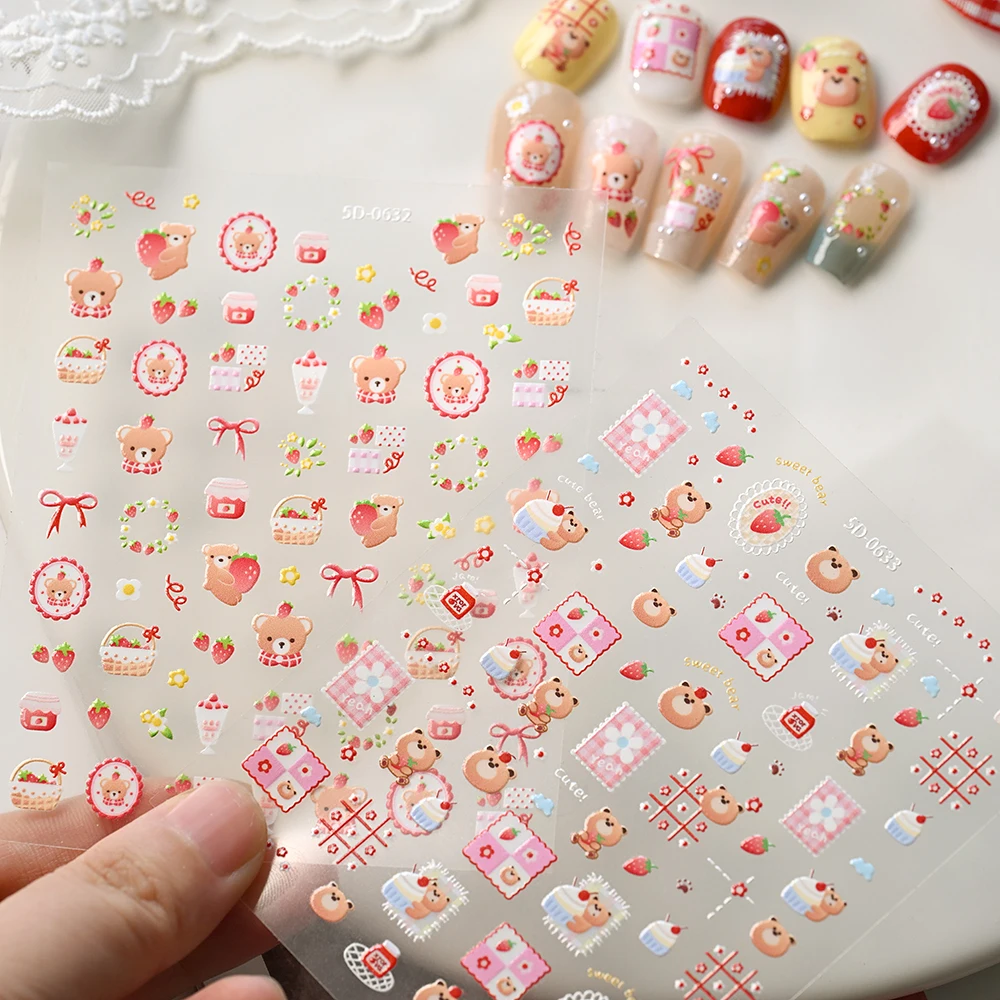 1sheet Cartoon Bear Cute Nail Stickers Strawberry Bow Wreath Lace Self-Adhesive Nail Decals Sliders Kawaii Bear Relief Manicure