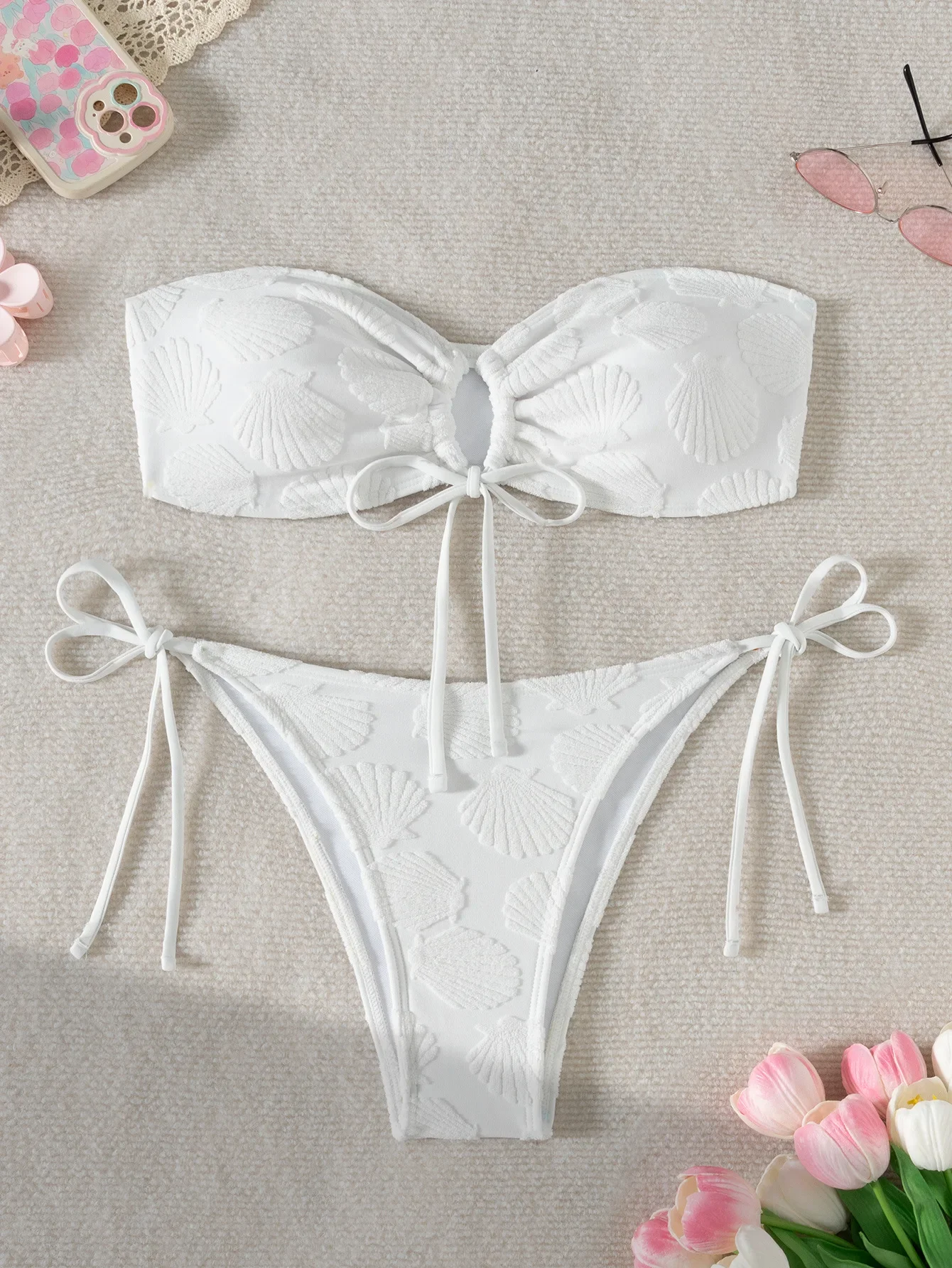 

Бандо бикини сексуальный белый передний завязывающийся бандаж пуш-ап микро купальник 2025 летний купальный костюм с завязками по бокам треугольный купальник бикини