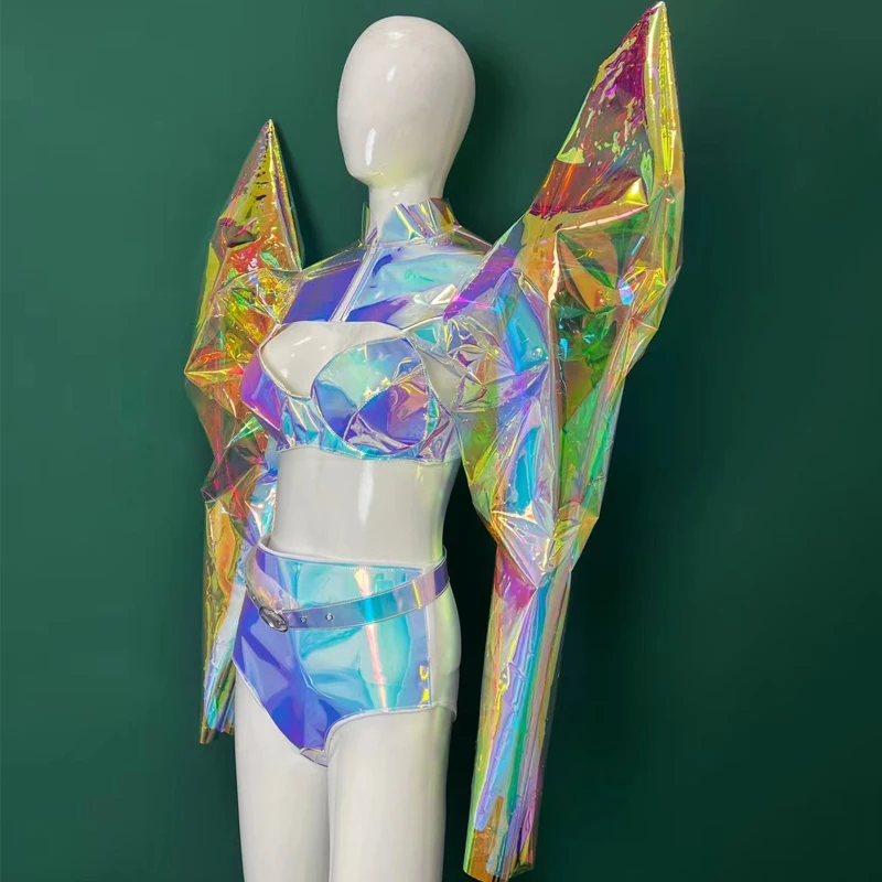 New Sexy Jazz Dance Outfits Colorful Laser Pole Dance Set Women Drag Queen Costume Bar Dj Ds Gogo Laser Clothing Stage Clubwear