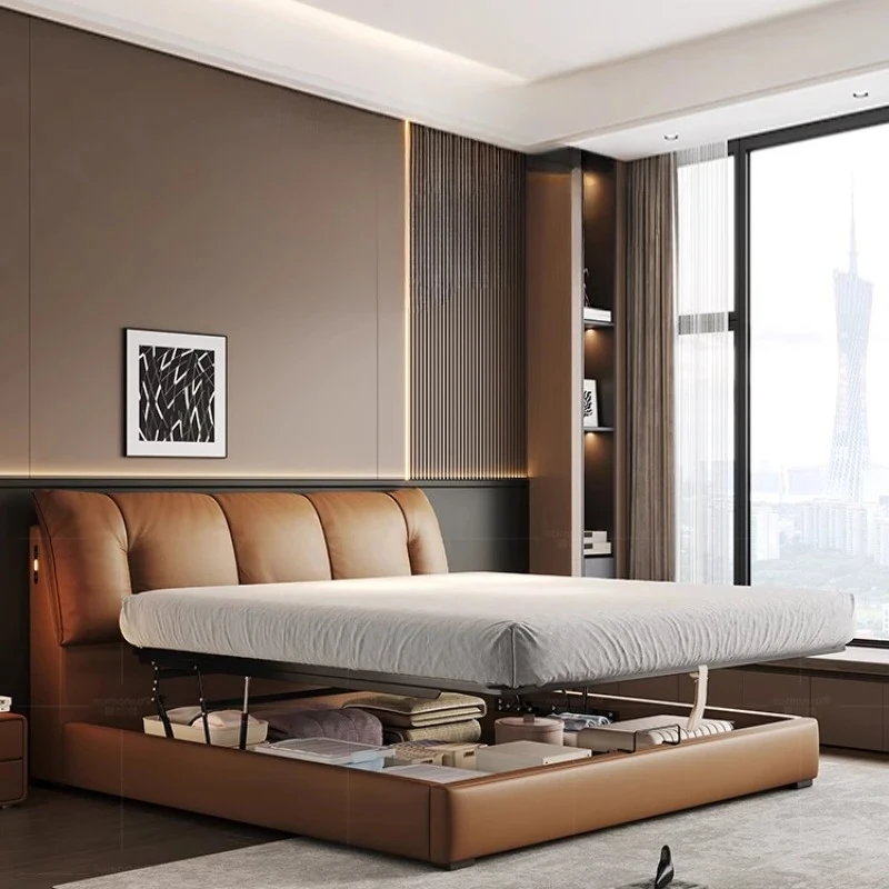 Luxury Leather Modern Double Bed Loft Queen Size Space Saving Double Bed Storage Adults Lit 2 Personnes Furniture For Bedroom