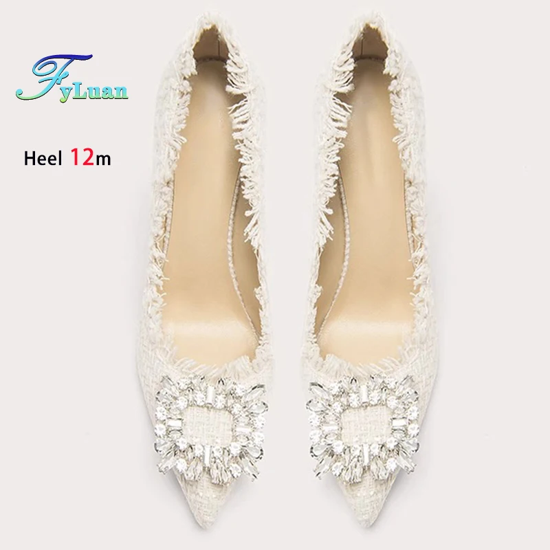 

Бежевые, белые женские туфли на высоком каблуке, женские туфли-лодочки с острым носком на тонком каблуке, парусиновая тканая обувь на шпильке с квадратной пряжкой и стразами