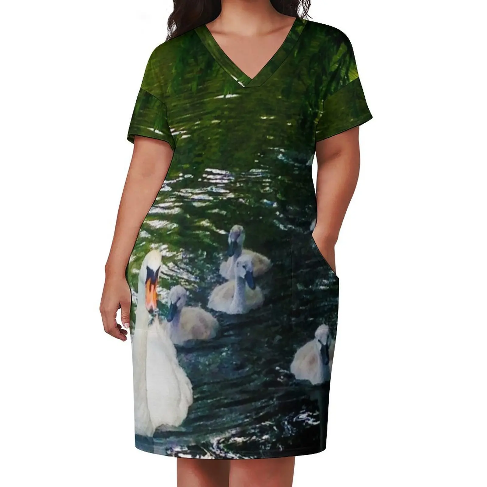 Swan and cygnets in nature on river England gifts Loose Pocket Dress women dress Elegant gowns