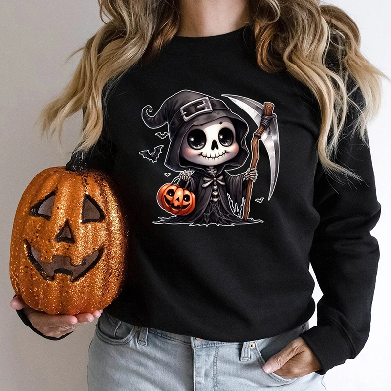 Cute Halloween Skeleton Pumpkin Print Women Pullover Autumn Winter Ladies Long Sleeve Sweatshirts Plus Size Hoodless Sweatshirts