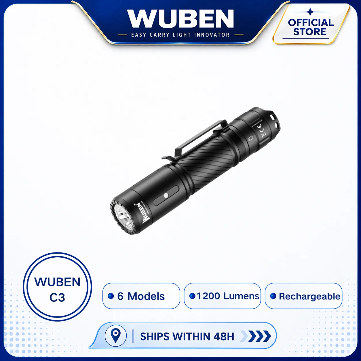 WUBEN C3 Flashlight 1200 High Lumens Rechargeable Flashlight 6 Modes IP68 Waterproof LED Tactical Flashlight for Camping Hunting