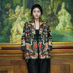 High End Silk Palace Embroidery + Ice Crack Loose Jacket  Women's Autumn New Chinese Style Stand Collar Tie Up Coat M-XXL