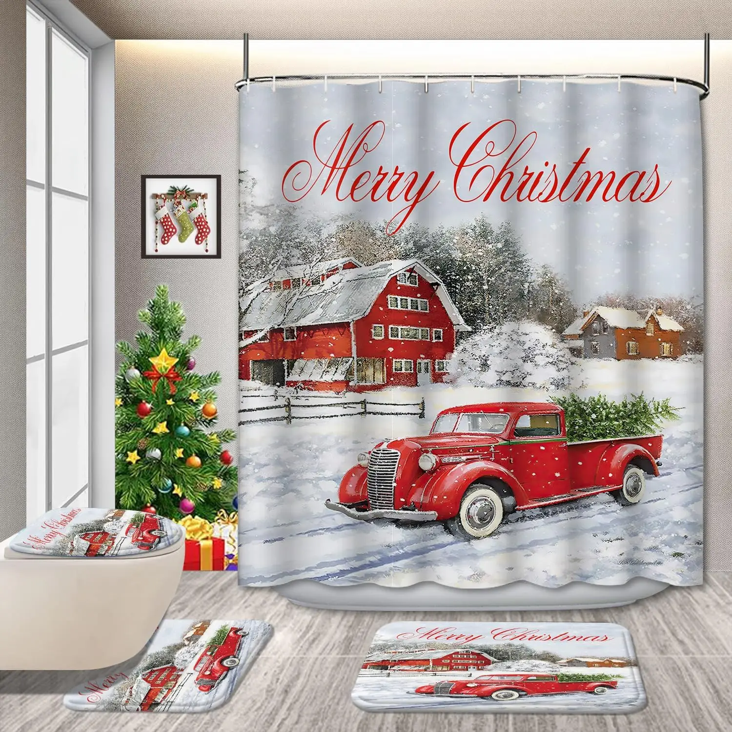 

Наборы занавесок для душа с Рождеством и ковриками, Рождественский декор для ванной в виде красного грузовика, Зимний лес в деревенском стиле в стиле ретро