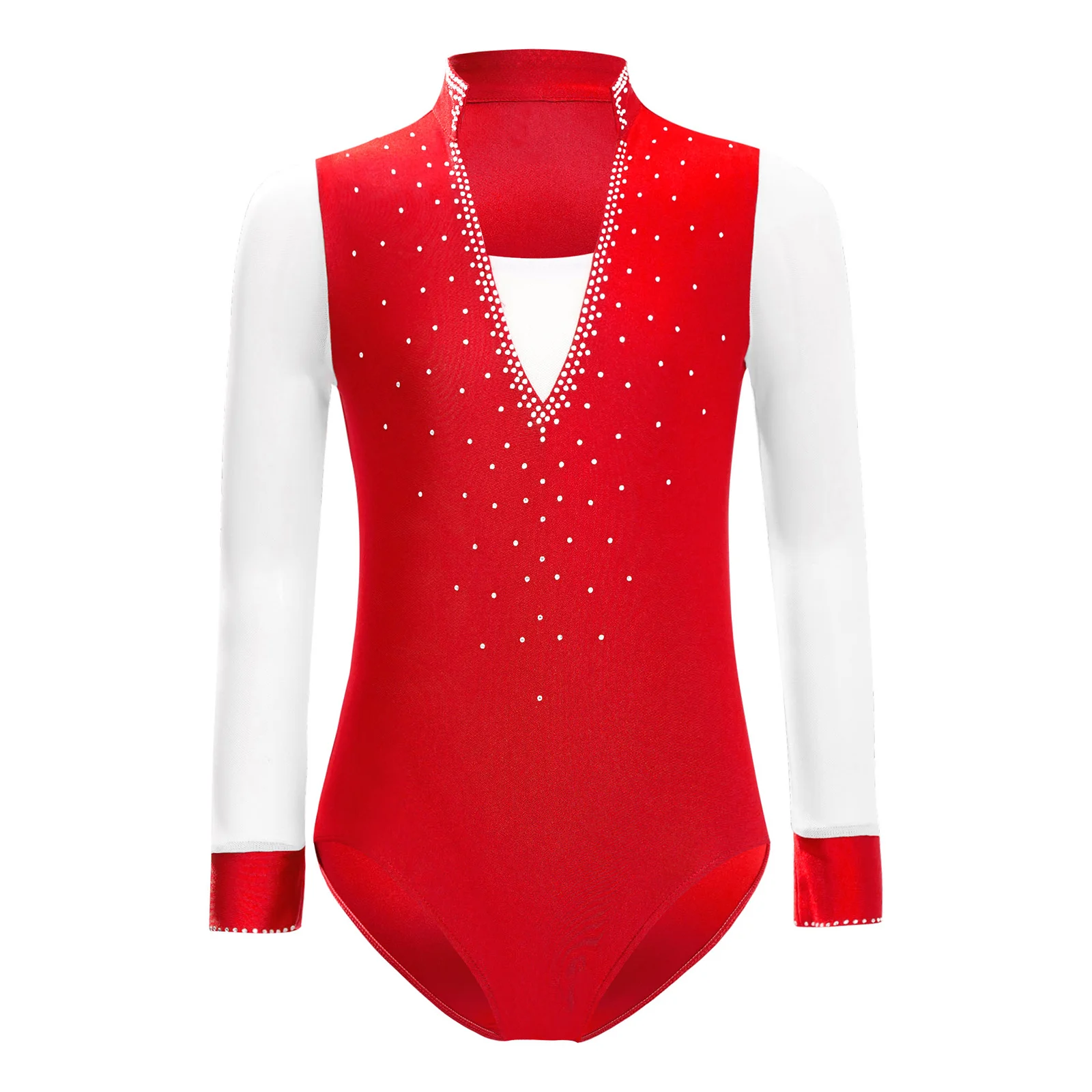 Tenue de danse de patinage artistique pour enfants garçons, Costumes de danse Jazz latine, maille transparente, manches longues, strass brillants, justaucorps + short