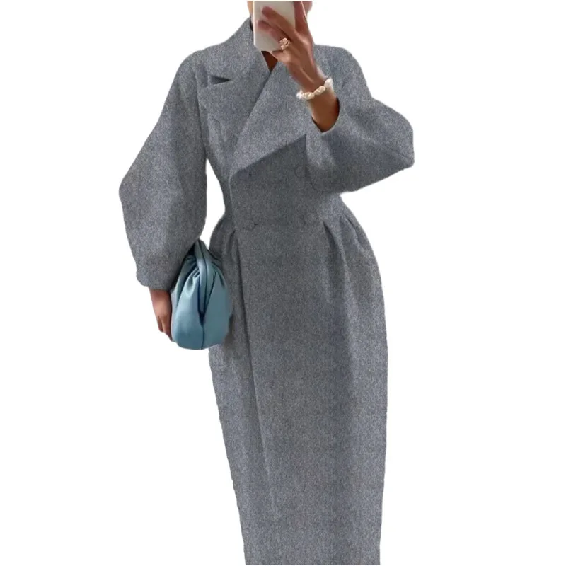 

Длинное шерстяное пальто в стиле Хепберн из твида с рукавами-фонариками, большим воротником, средней толщины, зимнее, молодежное, с карманами