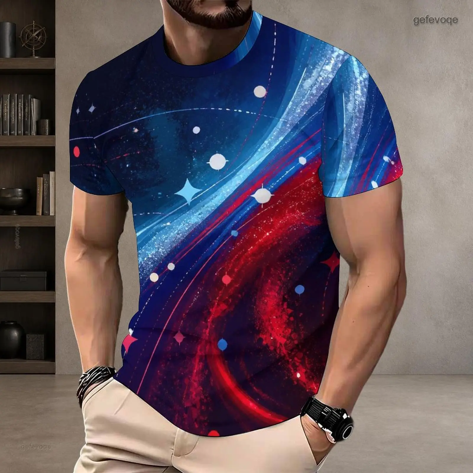 Men Printed Short Sleeve T-Shirt, Dark Blue Starry Space Gold Star Red White Blue Stripe Round Neck Top