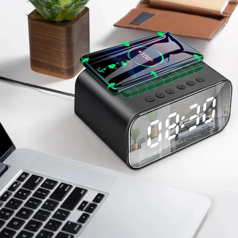 

Будильник с беспроводной зарядкой, динамик Bluetooth, светодиодные умные цифровые часы, электронные настольные часы, FM-радио, быстрая зарядка через USB