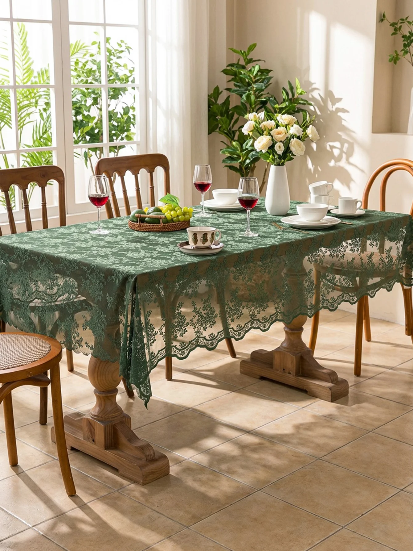 Retro Green Floral Lace Tablecloth, Semi-Transparent Sheer Overlay, Elegant Dining Table Cover for Home Party Wedding