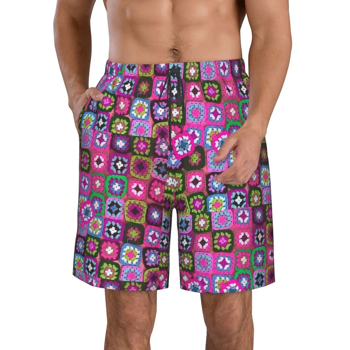 Crochet Blanket Granny Square Vintage Trunks Beach Board Shorts Casual Quick Dry Swim Summer Men Pants