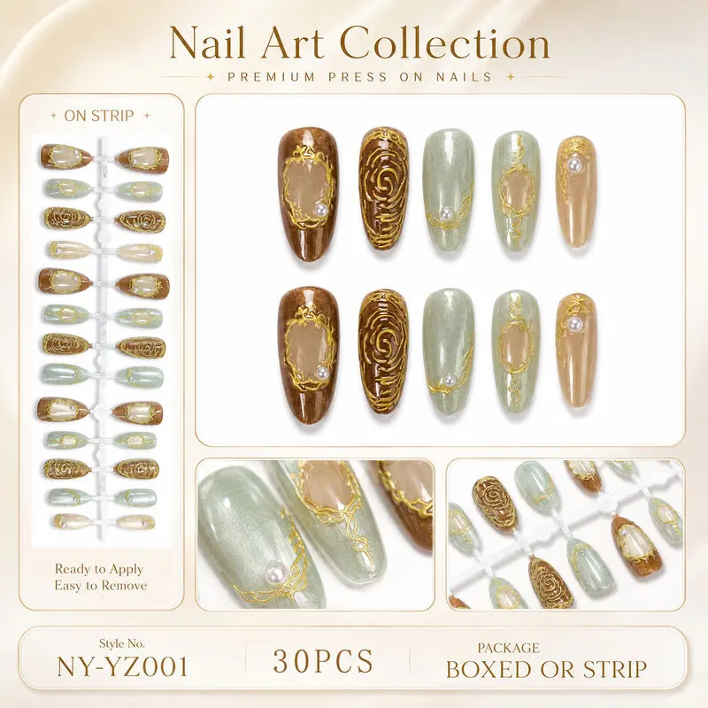 30Pcs Almond Retro Amber Green Press On Nails Gold Line Embossed Pearl Ins Reusable False Nail Tips