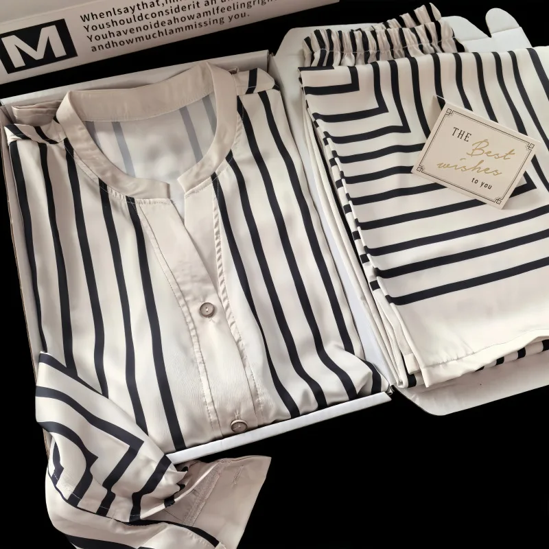 Women Striped Satin Pajamas Set Long Sleeve 2 Pcs Shirt&pants Ice Silk Sleepwear Loungewear Casual Loose Homewear Nightwear