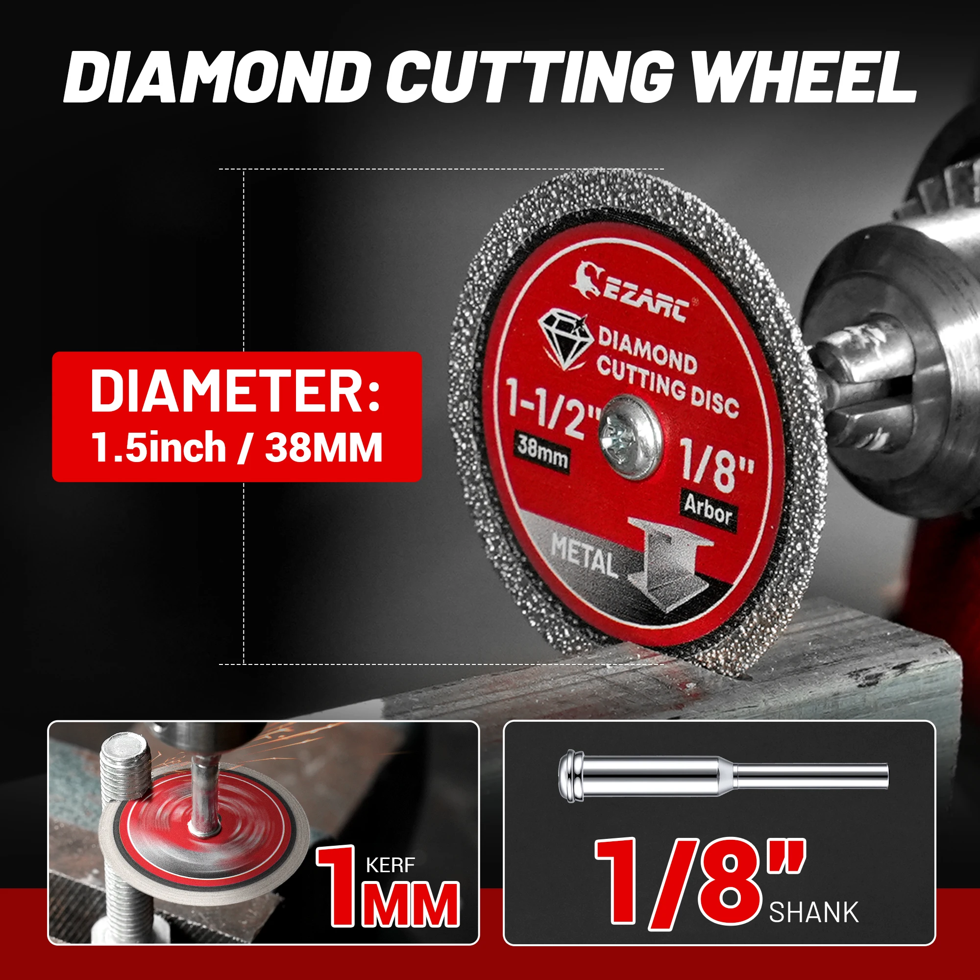 EZARC 1-1/2 Diamond Cutting Wheel for Metal 1/8'' Mandrel Rotary Tool Cutting Disc for Hardened Steel, Bolts Screws, Sheet Metal