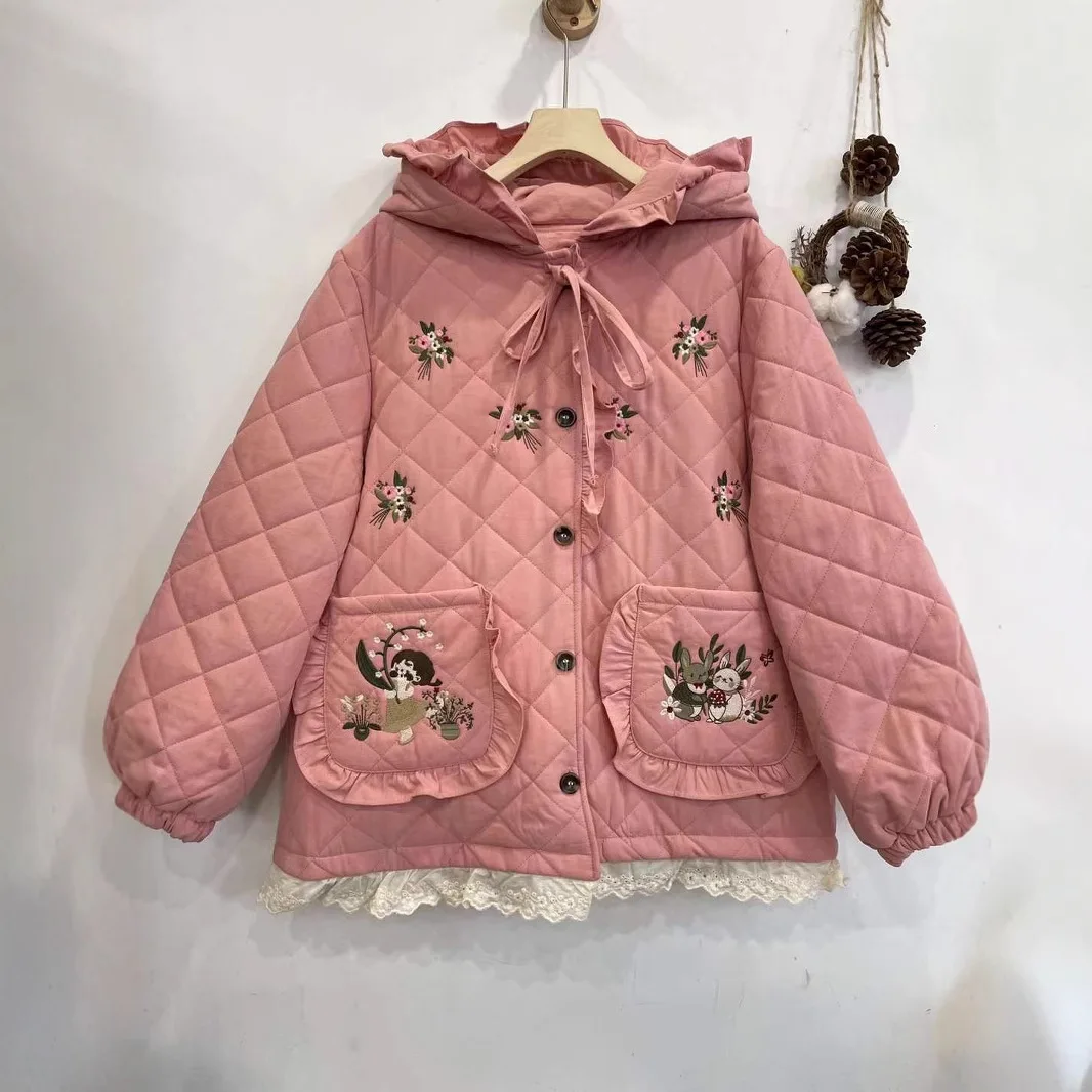 Cappotti con cappuccio imbottiti in cotone con ricamo floreale dolce ragazza giapponese Mori Donna Inverno Kawaii Patchwork di pizzo Addensare giacche Capispalla