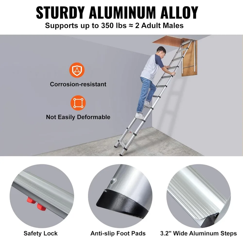 Attic Ladder Telescoping, 350-pound Capacity, 39.37" x 23.6", Multi-Purpose Aluminium Extension, Lightweight and Portable,