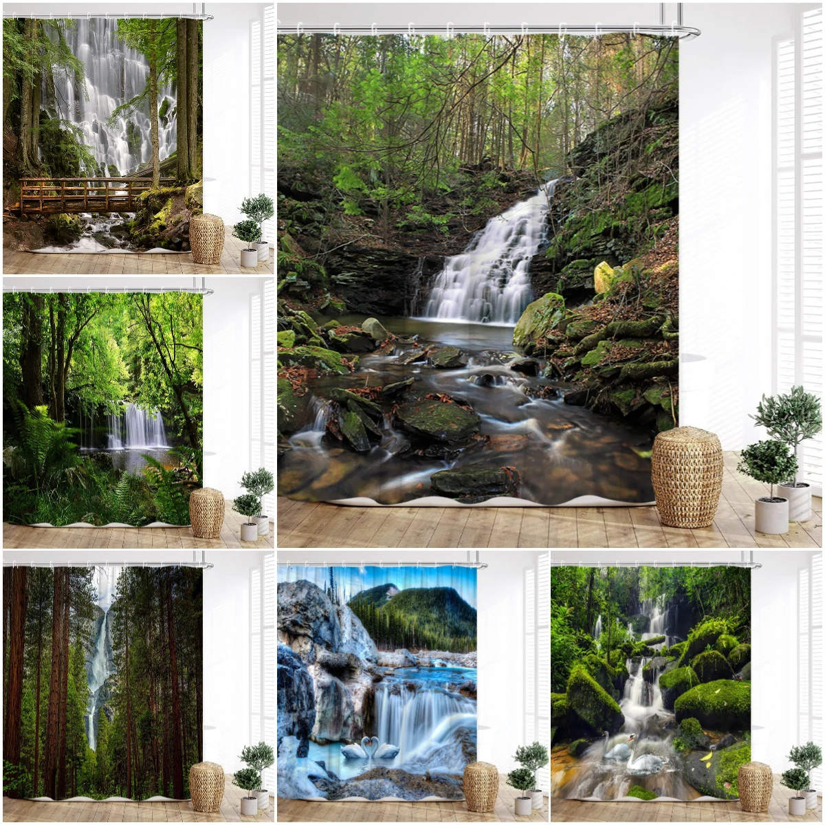 Forest Shower Curtain Rainforest River Waterfall Deep Forest Wildflowers Leaves Botanical Bridge Print Bathroom Decor with Hooks