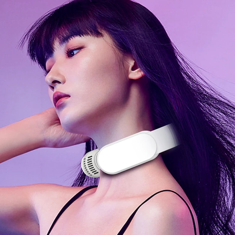 Ventilatore appeso al collo Condizionatore d'aria Senza foglia Archetto da collo Dispositivo di raffreddamento dell'aria Riscaldamento Raffreddamento Massaggiatore Impacco caldo Vibrazione Massaggiatore-AB