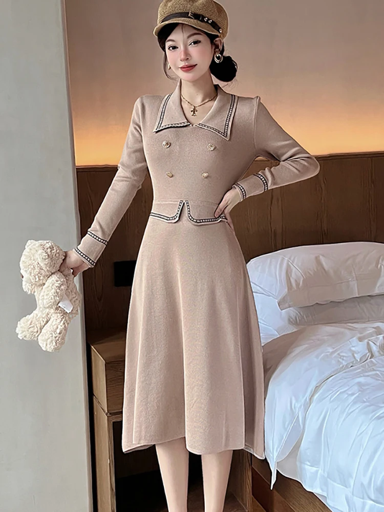 Vrouwen Rode Gebreide Polo Kraag Midi Jurk Met Lange Mouwen Herfst Winter Elegante Casual Thuis Jurk 2025, Koreaanse Mode Bodycon Jurken