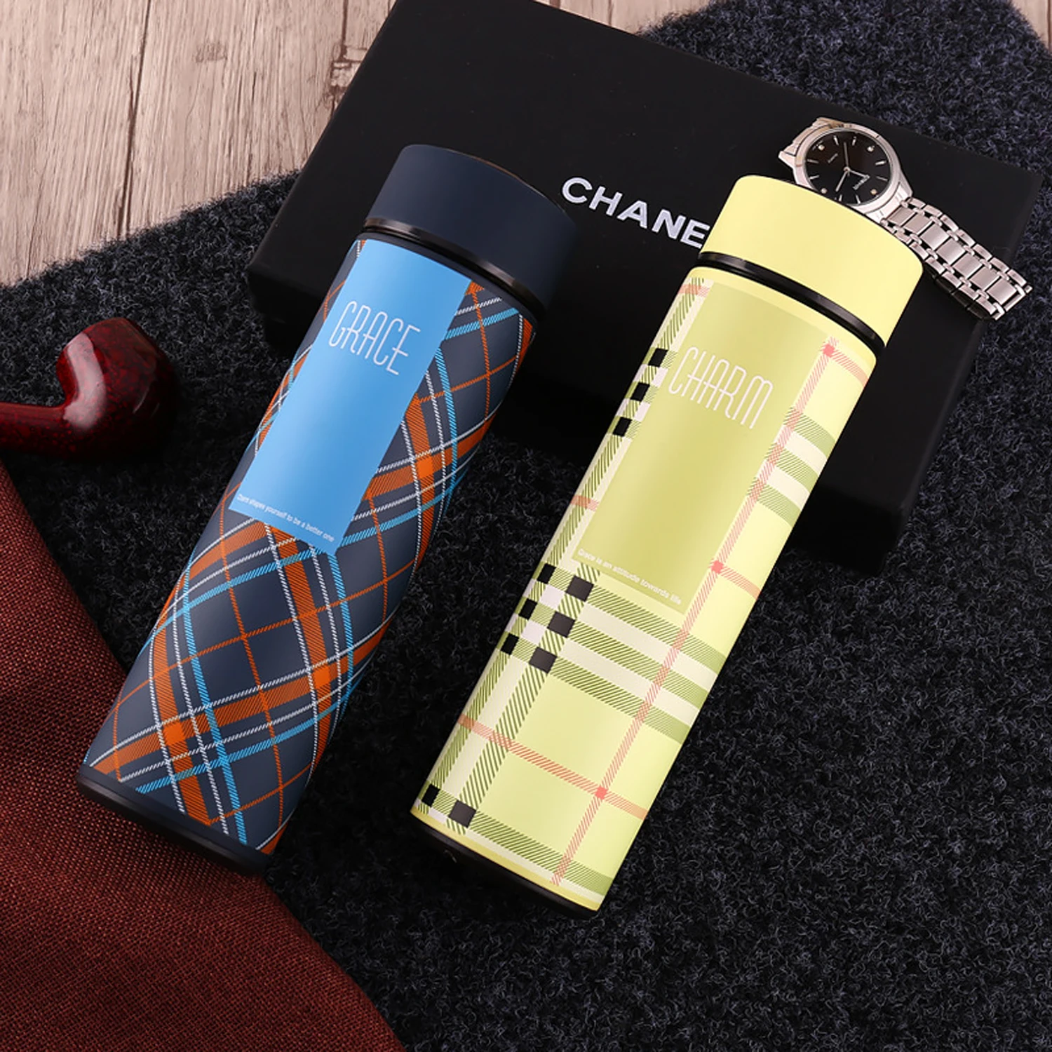 500ml Checkered Stainless Steel Creative Smart Thermos Bottle Temperature Display Thermal Mug Leak Proof Coffee Cup, Milk Cup