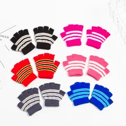 Striped Knitted Thick Warm Gloves Kids Winter Soft Mittens Children Half Finger Gloves 7-10 Years