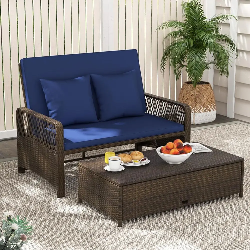

Navy Blue Double Chaise Lounge with Adjustable Back, Storage Ottoman, Cushions, and Pillows for Outdoor Patio