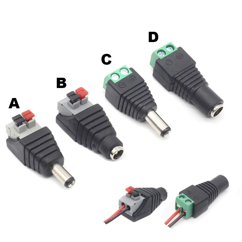 Feminino DC Power Plug Adapter Connector, LED Faixa de lâmpada, pressione o conector, câmeras CCTV, 5,5 milímetros x 2,1 milímetros, 5pcs