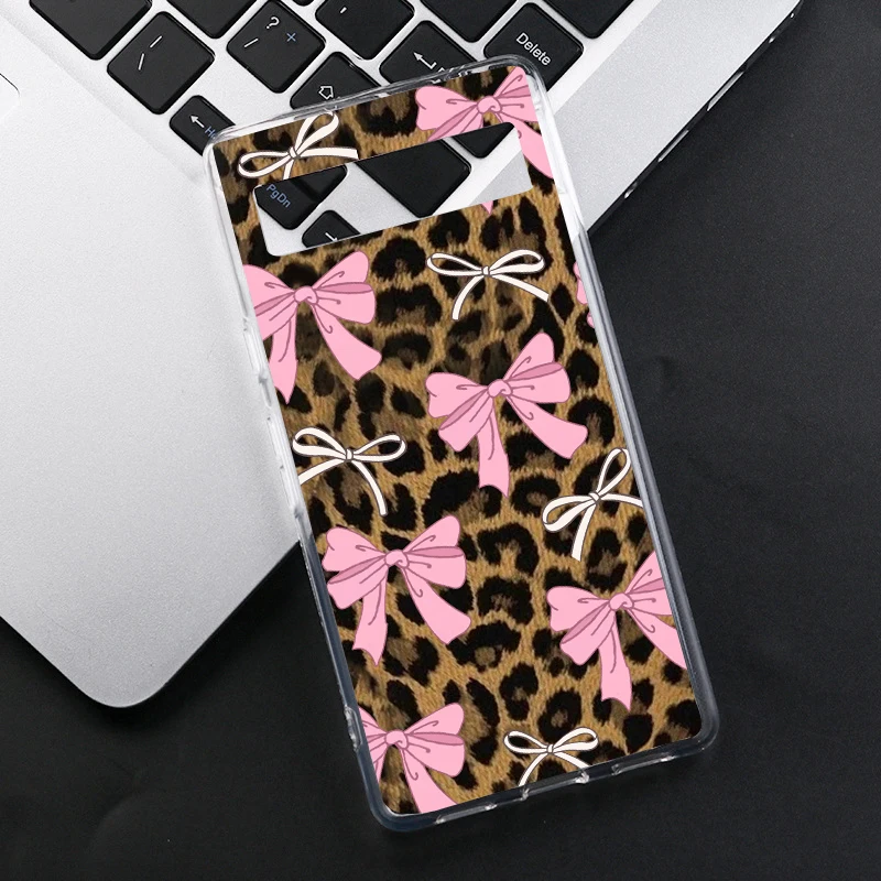 Fashion Leopard Print Cherry Phone Case For Google Pixel 8A 8 7 Pro 6A 5G Pink Bow Hand Painted Transparent Soft Covers Fundas