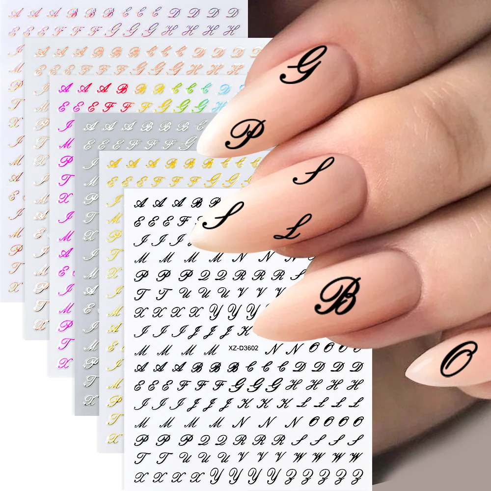 6Pcs/Set Retro 26 Alphabet Letter Nail Sticker 3D Black White Roman Letter Adhesive Sliders Press on Nails English Letter Decals