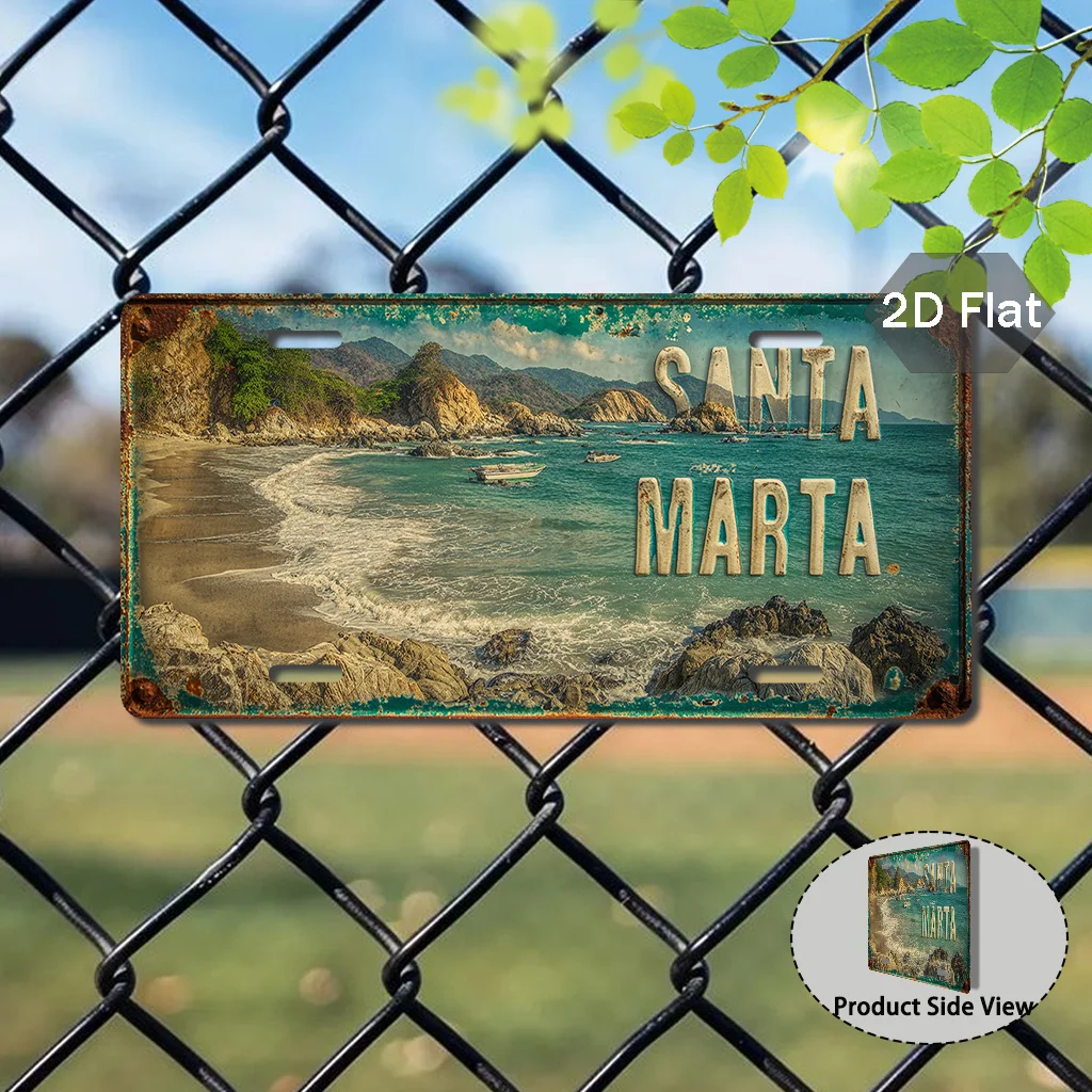 2D Flat - 1pc 2D Flat Vintage Santa Marta Coastal Sign | Aluminum Decorative Sign, Only for Decoration, 11.8inch x 5.9inch, Colo