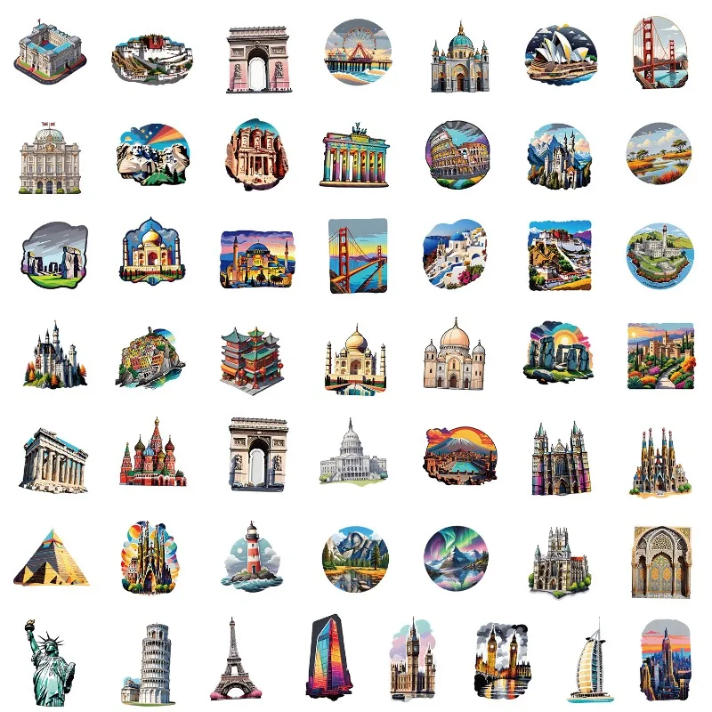 50PCS World Landmark Spot Graffiti Sticker Water Cup Waterproof Decorative Sticker Creative Stationery Sticker