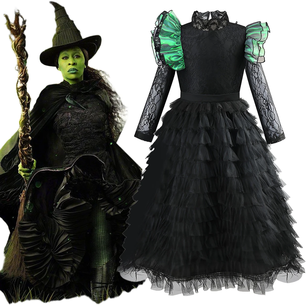 Movie Wicked Glinda Elphaba Girls Costume Glinda Black Birthday Wedding Princess Party Dresses Girl Halloween Witch Kids Clothes