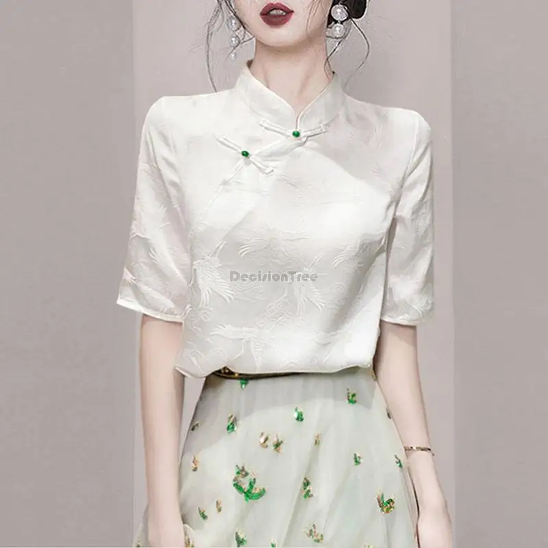 

chinese retro style top improved cheongsam collar stand white qipao button design half sleeve women Disc buckle blouse