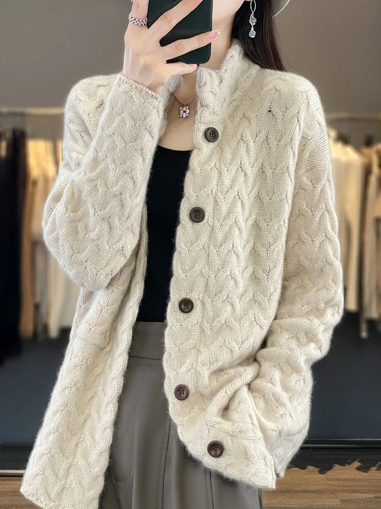 

Утепленный вязаный шерстяной кардиган Thiened Camere для женщин, свободный крой, длинный рукав, воротник-стойка, верхняя одежда для осеннего сезона