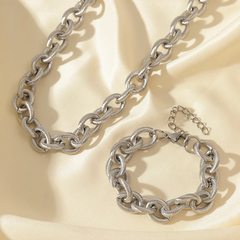 EILIECK 316L Stainless Steel Silver Color Thick Link Chain Necklace Bracelet Set For Women Men New Trendy Metal Jewelry Bijoux