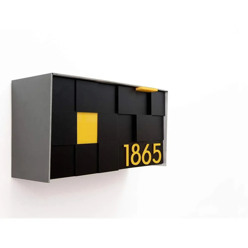 

Wall Mounted Mailbox with 3D Black Acrylic Face, Aluminum (ACP) Metallic Gray Body, and Yellow Acrylic Numbers - Modern Design -