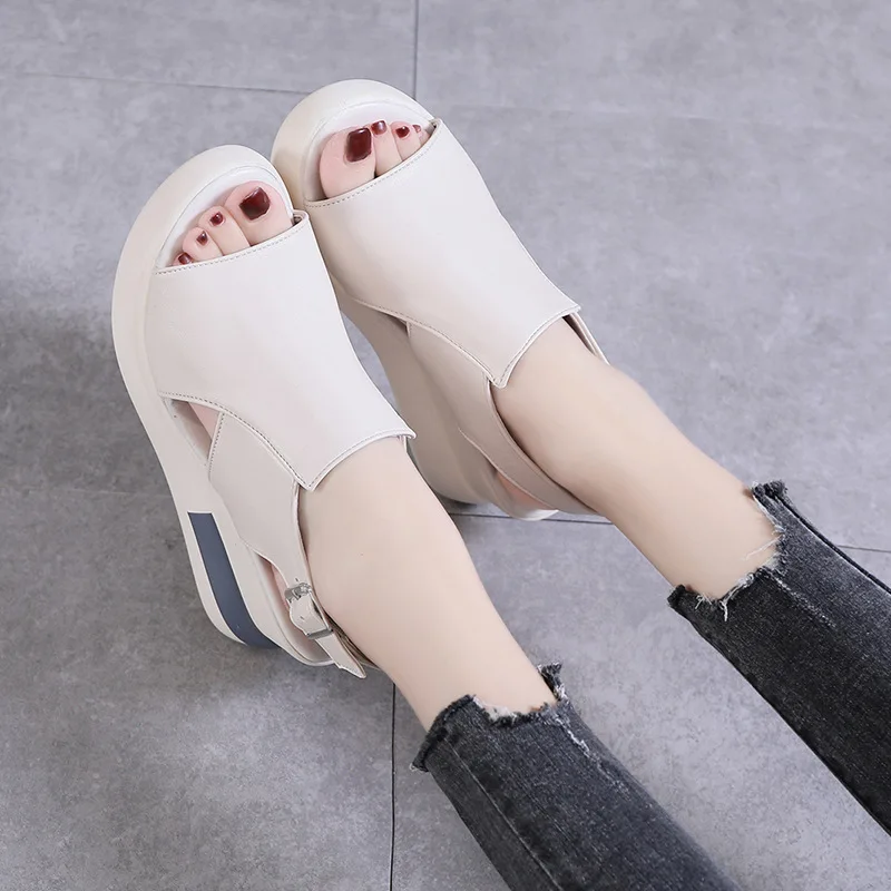 2023 Women\'s Platform Wedge Sandals New Summer High-heeled Fish Mouth Women\'s Shoes Soft Leather Heightened Platform Shoes