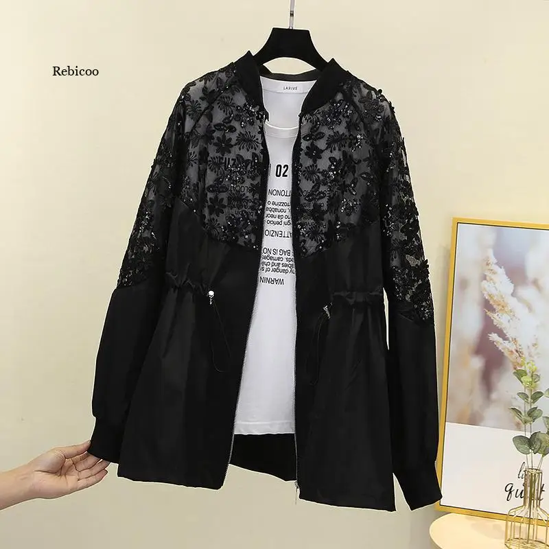 Summer Jacket Women Lace Splicing Sequins Coat Tunic Black Top Summer Sunscreen Coats Female Stylish Loose Casual Jackets