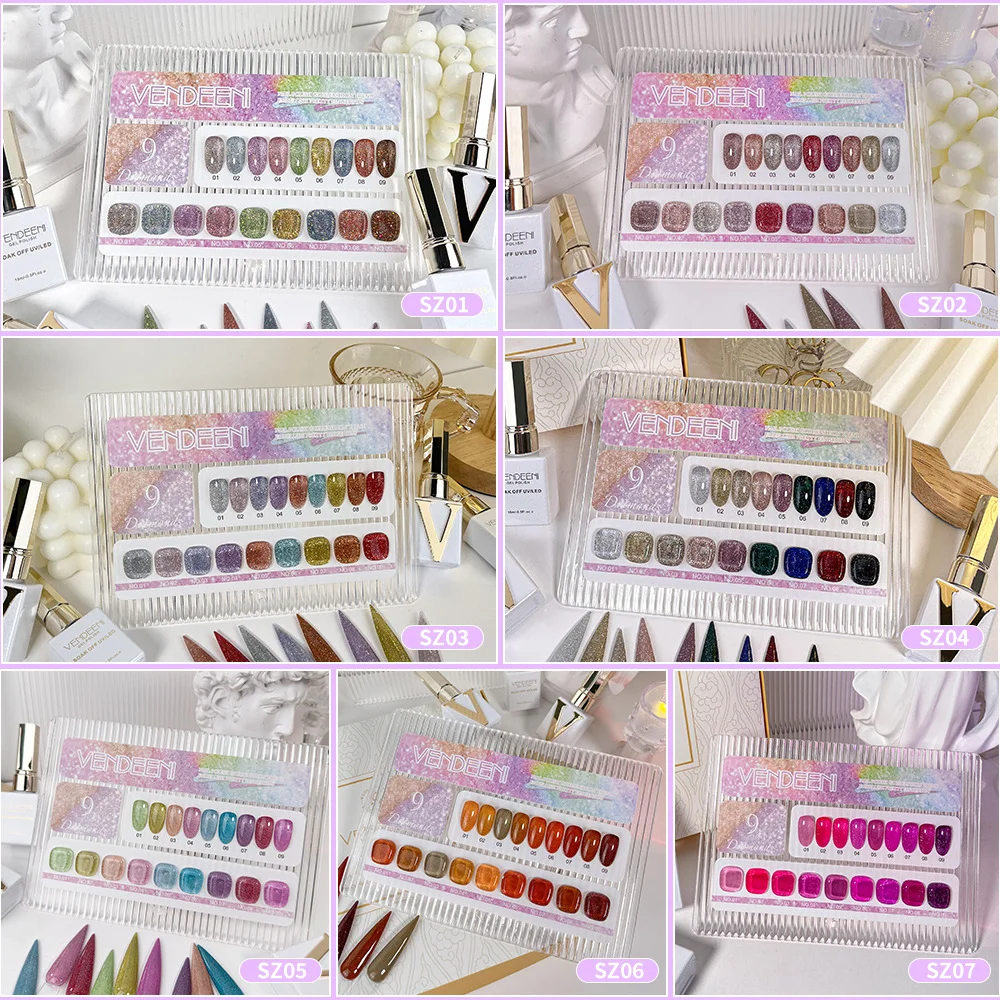 Vendeeni  Super Popular 9colors Reflective Disco Gel Polish Collection Unique Laser Set TPO HEMA FREE  Gel Nail Polish Supplier
