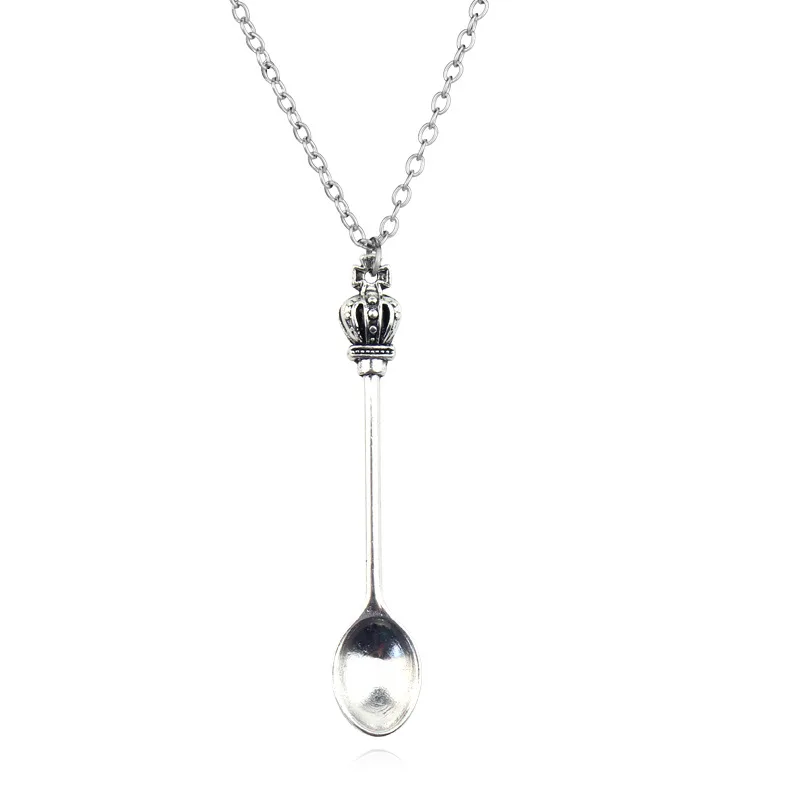 10Pcs Mini Crowns Spoon Necklace Vintage Mini Teaspoon Pendant Necklaces Toys Gifts Silver Color