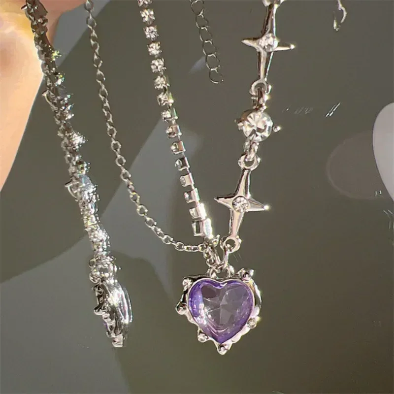 Y2K Purple Crystal Heart Pendant Necklace Women Sweet Cool Girl Punk Clavicle Chain Fashion Aesthetic Necklace Jewelry Gift 2023